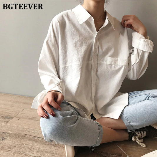 Minimalist Loose White Shirts for Women Turn-Down Collar Solid Female Shirts Tops 2020 Spring Summer Blouses