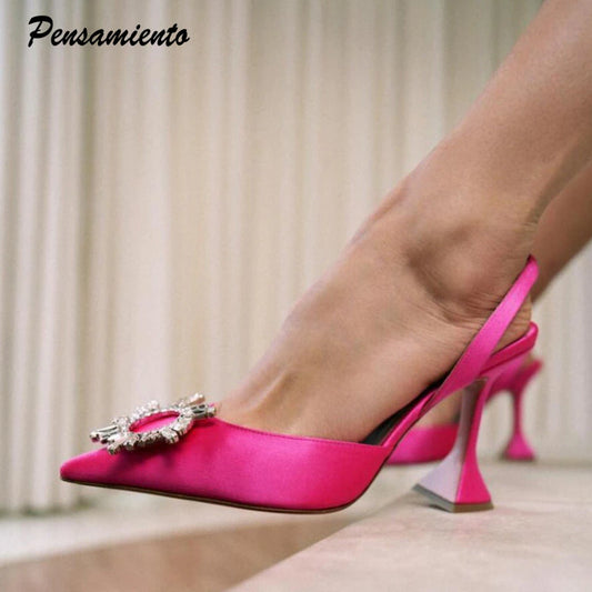 2023 Brand Women Pumps Luxury Crystal Slingback High Heels Summer Bride Shoes Comfortable Triangle Heeled Party Wedding Shoes