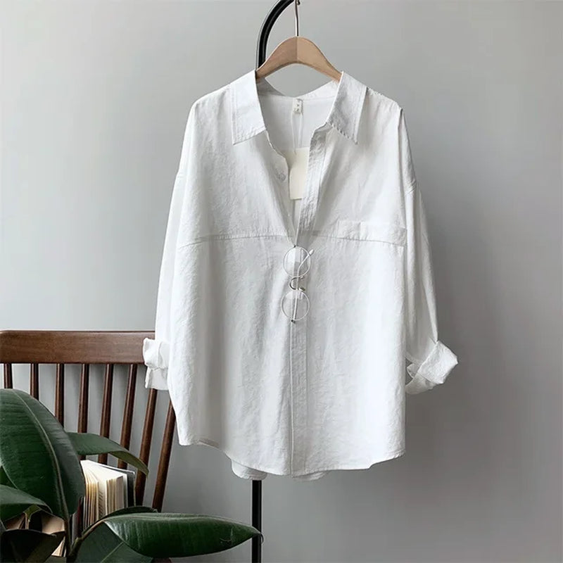 Minimalist Loose White Shirts for Women Turn-Down Collar Solid Female Shirts Tops 2020 Spring Summer Blouses